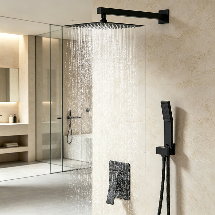 Shower System Single-Handle 1-Spray Rain Pressure Balanced Wall Mounted Shower Faucet in Matte Black (Valve Included)