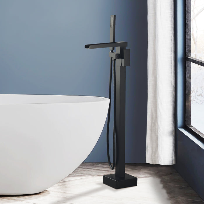 Modern Single Handle Waterfall Floor Mount Bathtub Faucet Freestanding Tub Filler with Hand Shower