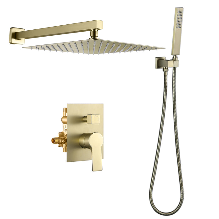 Contemporary 1-Spray 12 in. Dual Wall Mount Shower Heads with Handheld Built-In Shower System in Brass and SUS304 Mixed