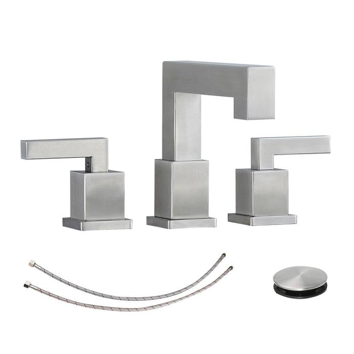 Brushed Nickel Widespread Bathroom Faucet, Waterfall Bathroom Faucets for Sink 3 Hole, 2-Handles Modern Vanity Faucet with Pop Up Drain Assembly and Lead-Free Supply Hose