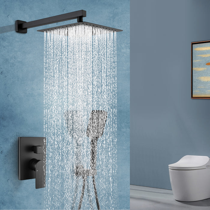 Modern 2-Handle 2-Spray of Solid Brass Rectangle Pressure Balanced Wall Mounted Rain Shower Head with Handheld Shower Faucet Kit Shower System in Black (Valve Included)