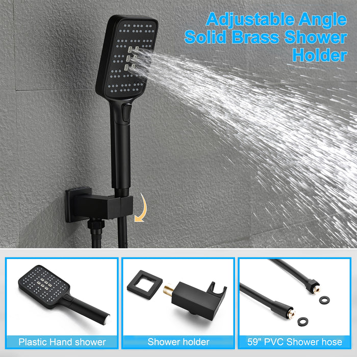 Modern 2-Handle 2-Spray of Solid Brass Rectangle Pressure Balanced Wall Mounted Rain Shower Head with Handheld Shower Faucet Kit Shower System in Black (Valve Included)