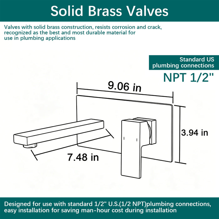 Wall Mount Faucet for Bathroom Sink or Bathtub, Single Handle 2 Holes Brass Rough-in Valve Included