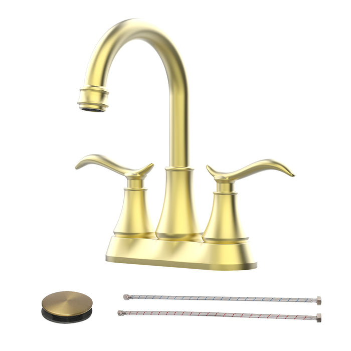 Bathroom Faucet with Pop-up Drain & Supply Hoses 2-Handle 360 Degree High Arc Swivel Spout Centerset 4 Inch Vanity Sink Faucet