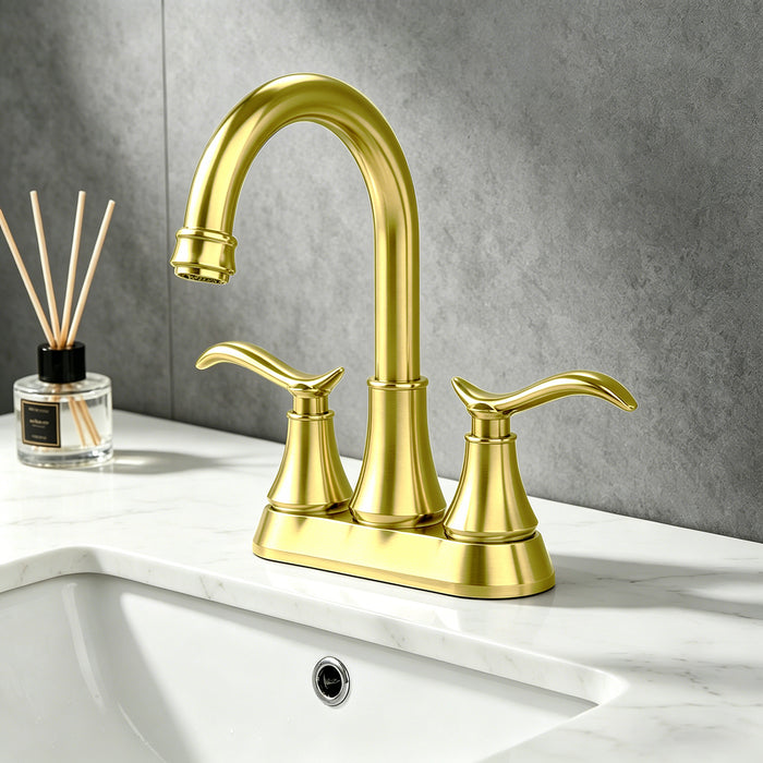 Bathroom Faucet with Pop-up Drain & Supply Hoses 2-Handle 360 Degree High Arc Swivel Spout Centerset 4 Inch Vanity Sink Faucet
