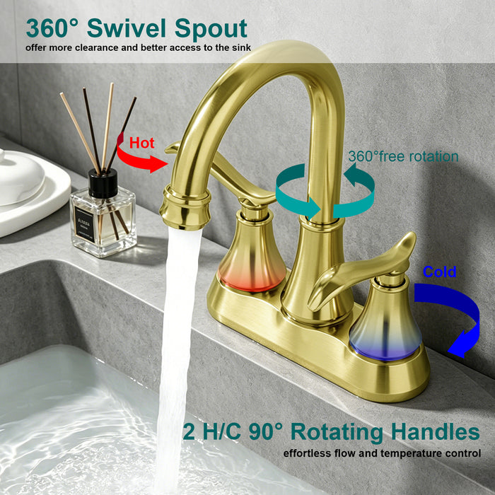 Bathroom Faucet with Pop-up Drain & Supply Hoses 2-Handle 360 Degree High Arc Swivel Spout Centerset 4 Inch Vanity Sink Faucet
