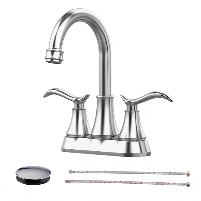 Bathroom Faucet with Pop-up Drain & Supply Hoses 2-Handle 360 Degree High Arc Swivel Spout Centerset 4 Inch Vanity Sink Faucet
