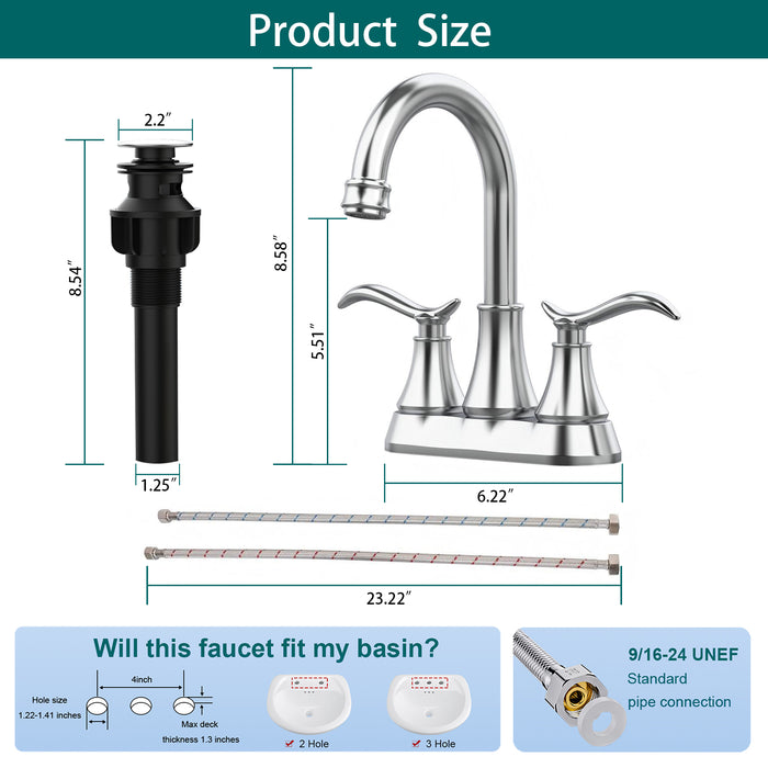 Bathroom Faucet with Pop-up Drain & Supply Hoses 2-Handle 360 Degree High Arc Swivel Spout Centerset 4 Inch Vanity Sink Faucet