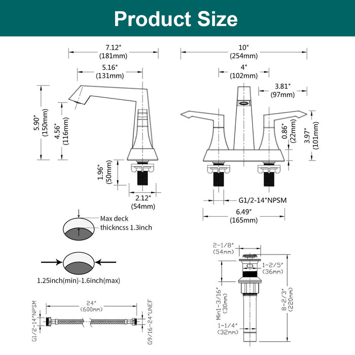 2-Handle Heavy Duty Bathroom Faucet with Drain and Supply Kits, Modern Style Lavatory Deck Mounted Faucet