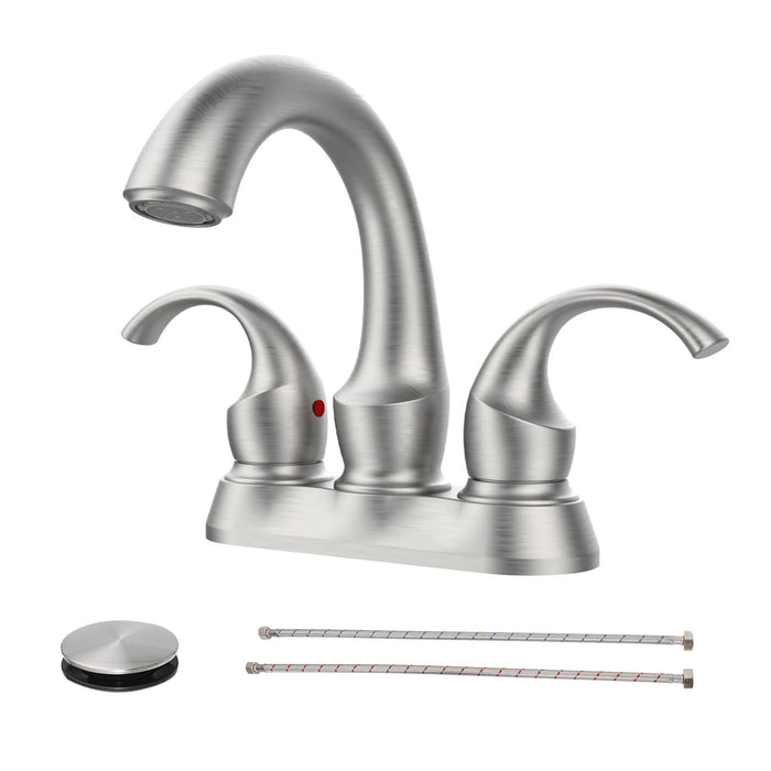 Bathroom Faucet 2-Handle with Aerator, Swan Style 4-inch Centerset Vanity Sink with Pop-Up Drain and Supply Hoses