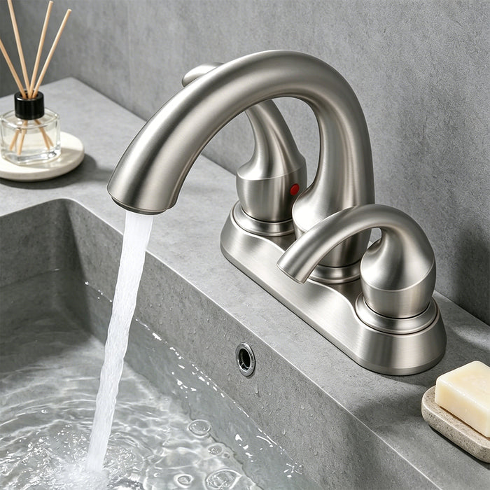 Bathroom Faucet 2-Handle with Aerator, Swan Style 4-inch Centerset Vanity Sink with Pop-Up Drain and Supply Hoses