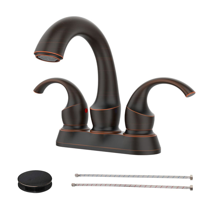 Bathroom Faucet 2-Handle with Aerator, Swan Style 4-inch Centerset Vanity Sink with Pop-Up Drain and Supply Hoses