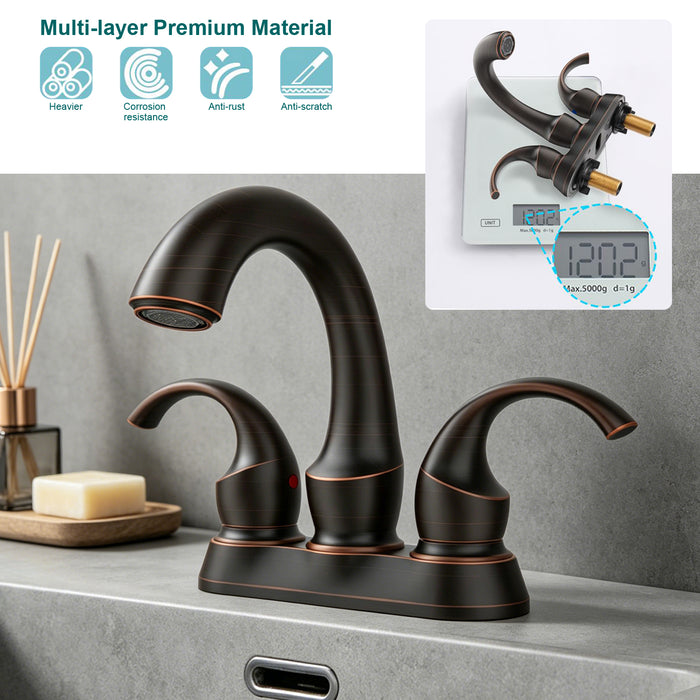 Bathroom Faucet 2-Handle with Aerator, Swan Style 4-inch Centerset Vanity Sink with Pop-Up Drain and Supply Hoses