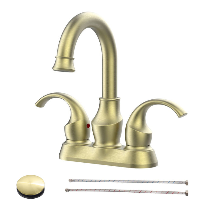 Bathroom Faucet 2-Handle with 360 Degree Rotating Spout, Crescent Moon Style 4-inch Centerset Vanity Sink with Pop-Up Drain and Supply Hoses