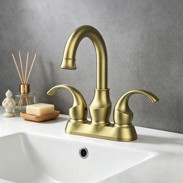Bathroom Faucet 2-Handle with 360 Degree Rotating Spout, Crescent Moon Style 4-inch Centerset Vanity Sink with Pop-Up Drain and Supply Hoses