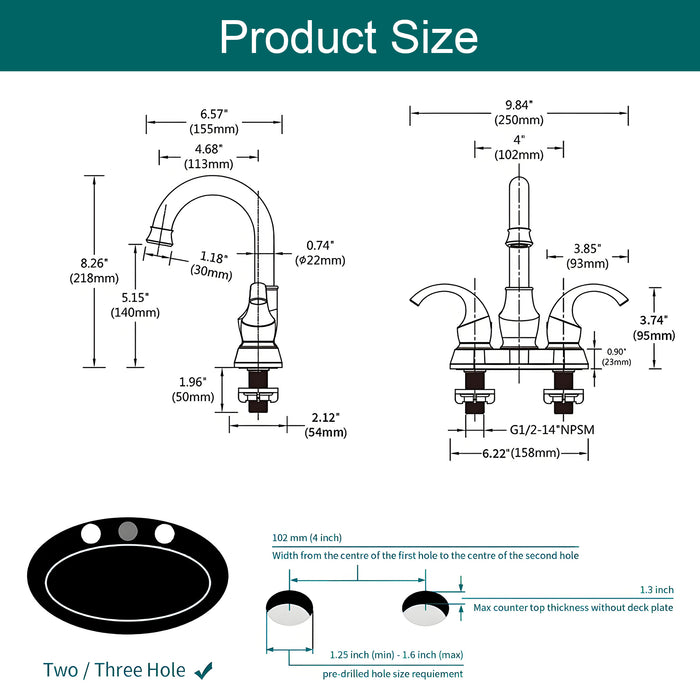 Bathroom Faucet 2-Handle with 360 Degree Rotating Spout, Crescent Moon Style 4-inch Centerset Vanity Sink with Pop-Up Drain and Supply Hoses