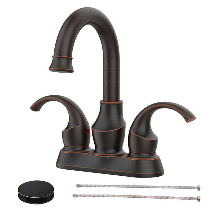 Bathroom Faucet 2-Handle with 360 Degree Rotating Spout, Crescent Moon Style 4-inch Centerset Vanity Sink with Pop-Up Drain and Supply Hoses