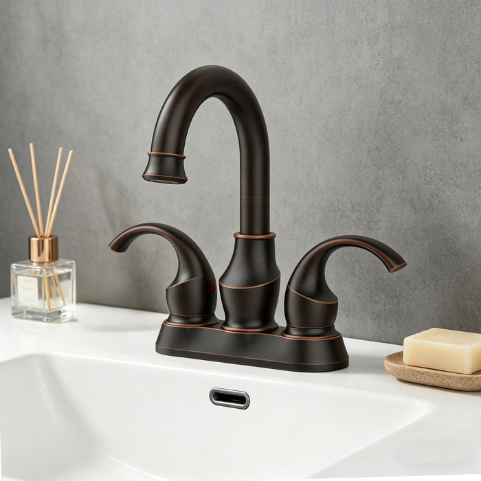 Bathroom Faucet 2-Handle with 360 Degree Rotating Spout, Crescent Moon Style 4-inch Centerset Vanity Sink with Pop-Up Drain and Supply Hoses