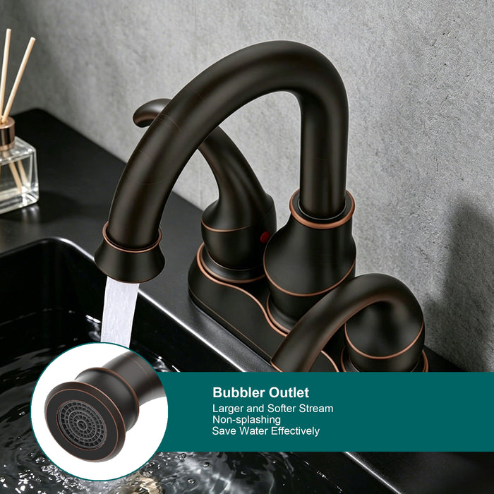 Bathroom Faucet 2-Handle with 360 Degree Rotating Spout, Crescent Moon Style 4-inch Centerset Vanity Sink with Pop-Up Drain and Supply Hoses
