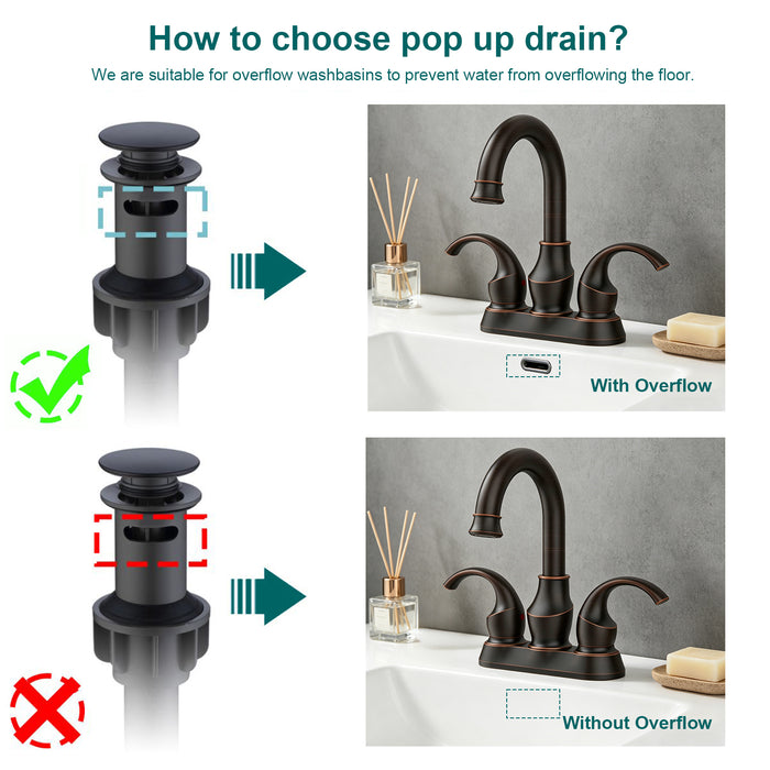 Bathroom Faucet 2-Handle with 360 Degree Rotating Spout, Crescent Moon Style 4-inch Centerset Vanity Sink with Pop-Up Drain and Supply Hoses