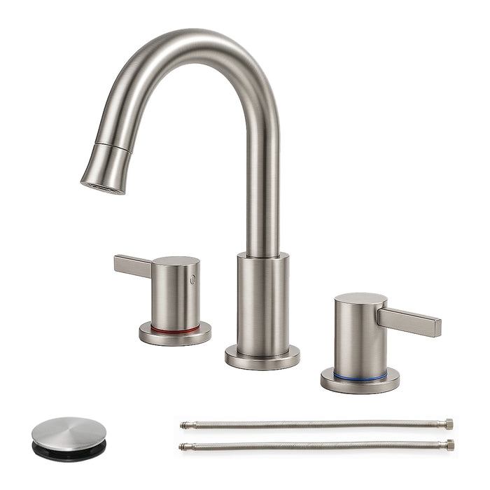 8-Inch Widespread Bathroom Faucet, 2-Handle 3-Hole with 360° Pull-Down Sprayer and Pop-Up Drain