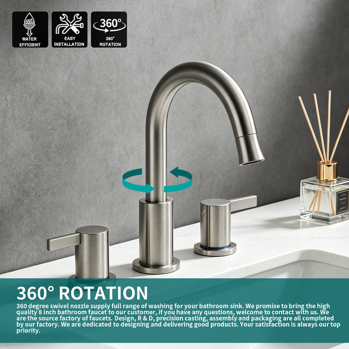 8-Inch Widespread Bathroom Faucet, 2-Handle 3-Hole with 360° Pull-Down Sprayer and Pop-Up Drain