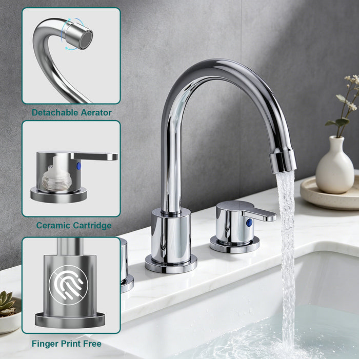 Widespread Bathroom Sink Faucet 2 Handle 3 Hole 360°Swivel Spout Vanity Sink with Pop Up Drain Assembly