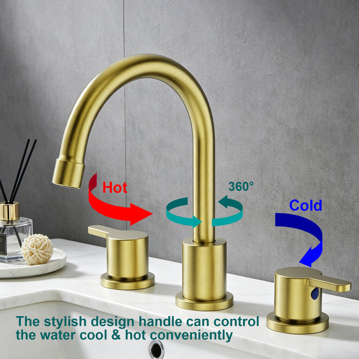 Widespread Bathroom Sink Faucet 2 Handle 3 Hole 360°Swivel Spout Vanity Sink with Pop Up Drain Assembly