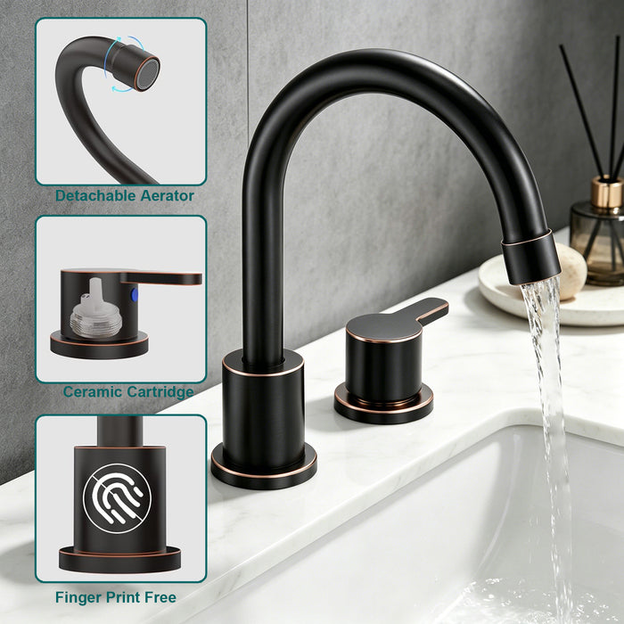 Widespread Bathroom Sink Faucet 2 Handle 3 Hole 360°Swivel Spout Vanity Sink with Pop Up Drain Assembly