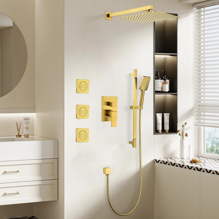 1-spray 11.8 in. Wall-Mounted Dual Fixed and Handheld Shower Head 2.5 GPM with Slide Bar, Body-sprays in Brushed Gold