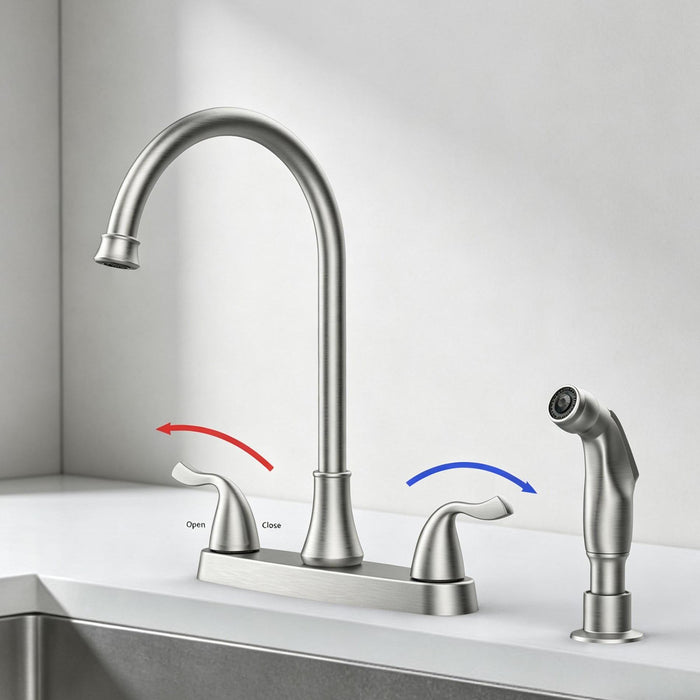 Two-Handle Kitchen Faucet with Pull-Out Side Sprayer, 360 Swivel 304 Stainless steel in Brushed Nickel