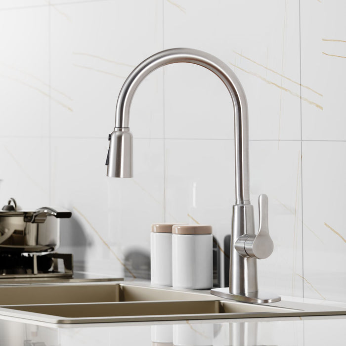 Kitchen Sink Faucet with Pull Out Sprayer Brushed Nickle,Stainless Steel High Arc Kitchen Sink Faucet, 3 Way Setting Single Handle Kitchen Faucets with Deck Plate