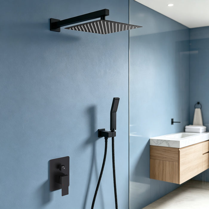 Shower System Single-Handle 1-Spray Rain Pressure Balanced Wall Mounted Shower Faucet in Matte Black (Valve Included)