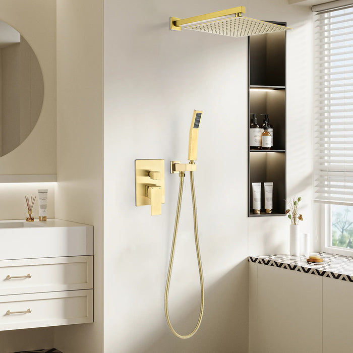 1-Spray Patterns 12 in. Wall Mount Dual Fixed and Handheld Shower Head 1.8 GPM in Brushed Gold