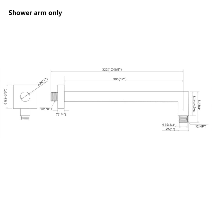 Metal Rectangle Shower Arm in Chrome