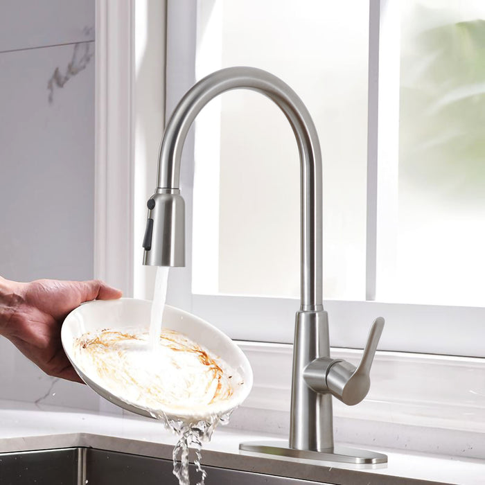 Kitchen Sink Faucet with Pull Out Sprayer Brushed Nickle,Stainless Steel High Arc Kitchen Sink Faucet, 3 Way Setting Single Handle Kitchen Faucets with Deck Plate