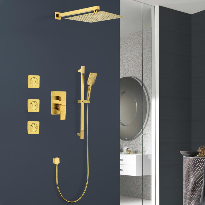 1-spray 11.8 in. Wall-Mounted Dual Fixed and Handheld Shower Head 2.5 GPM with Slide Bar, Body-sprays in Brushed Gold