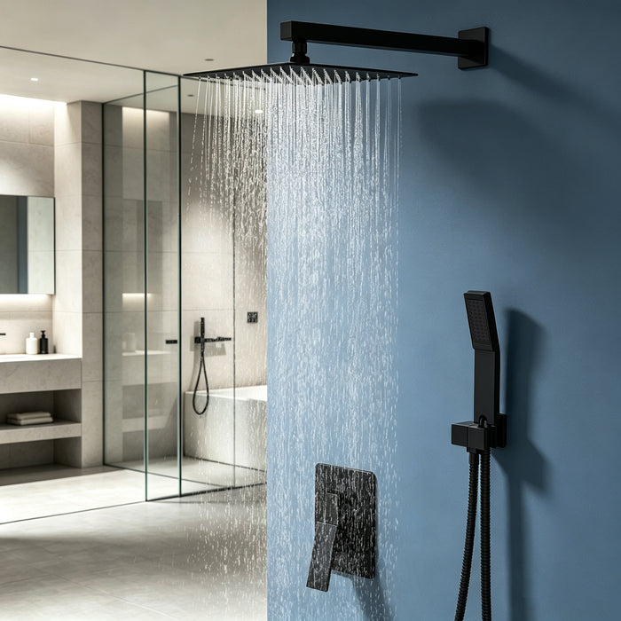 Shower System Single-Handle 1-Spray Rain Pressure Balanced Wall Mounted Shower Faucet in Matte Black (Valve Included)