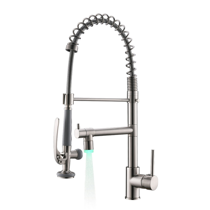 Single Handle LED Kitchen Faucet with Pull Down Sprayer and Pot Filler in Brushed Nickel Modern Design