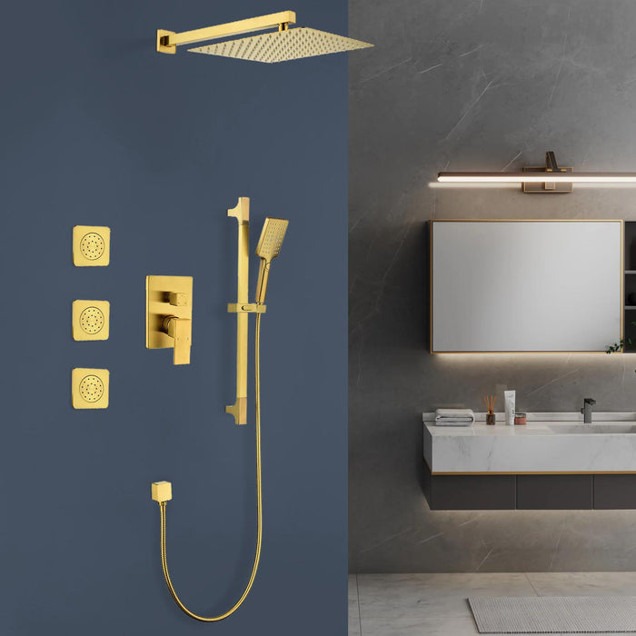 1-spray 11.8 in. Wall-Mounted Dual Fixed and Handheld Shower Head 2.5 GPM with Slide Bar, Body-sprays in Brushed Gold