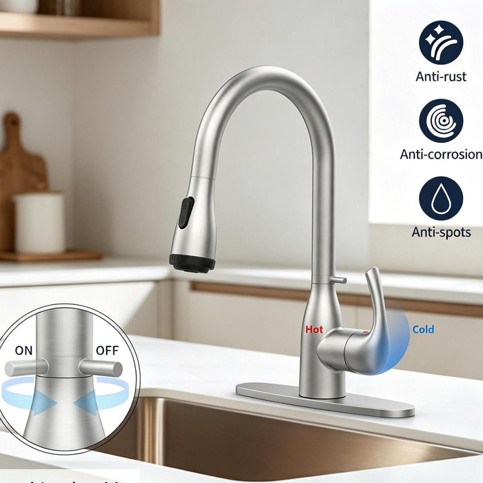 Kitchen Faucet with Pull Down Sprayer and 4 Spraying Modes in Brushed Nickel