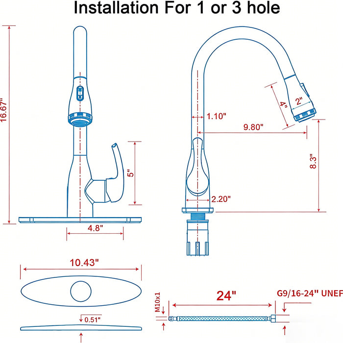 Single Handle High Arc Pull Down Sprayer Kitchen Sink Faucet with 4 Spraying Modes