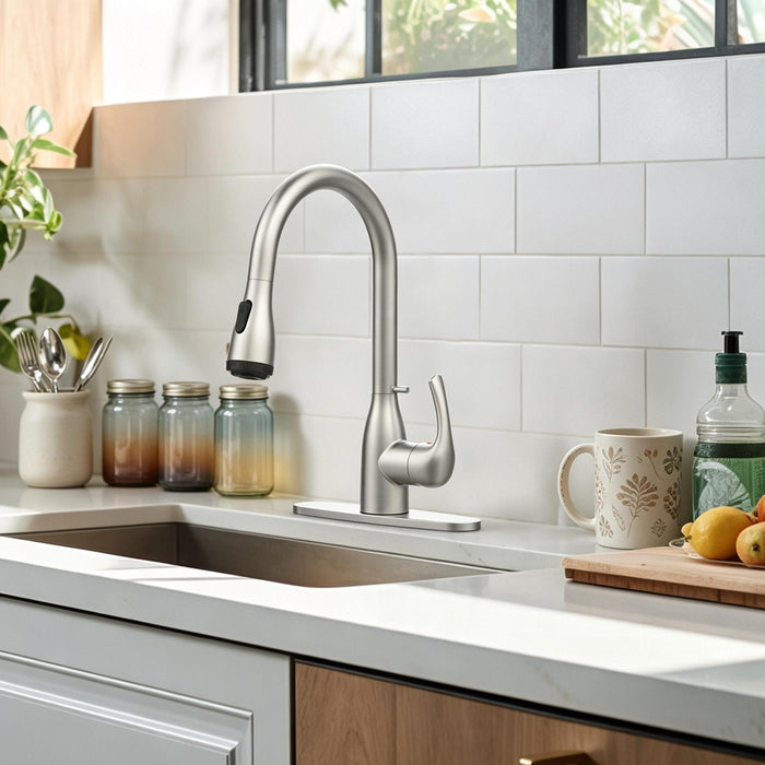 Kitchen Faucet with Pull Down Sprayer and 4 Spraying Modes in Brushed Nickel