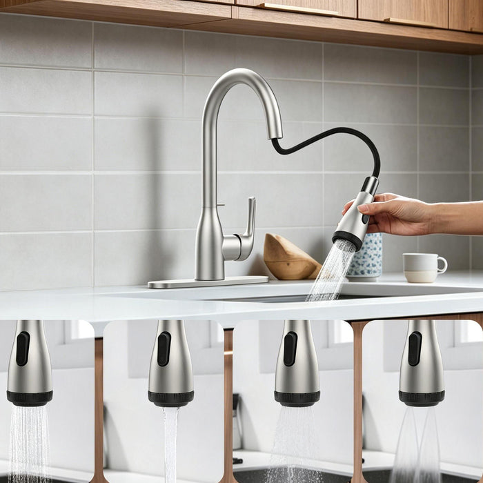 Kitchen Faucet with Pull Down Sprayer and 4 Spraying Modes in Brushed Nickel