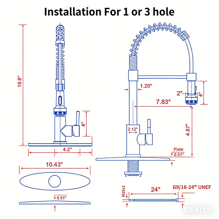 Kitchen Faucet with Pull Down Sprayer and 4 Spraying Modes Single Handle Commercial Spring Kitchen Sink Faucet