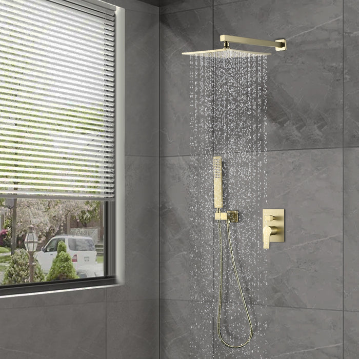 1-Spray 10 in. Wall Mount Dual Shower Heads with Handheld Built-In Shower System in Brushed Gold