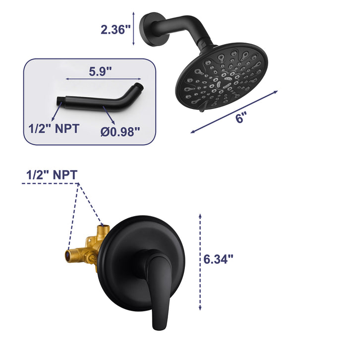 6 in. 6-Spray Patterns Wall Mount Round Rain Shower Head with Single Handle Built-In Shower System in Black