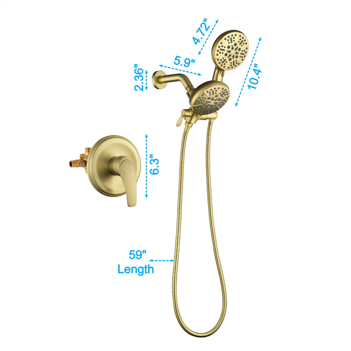 Traditional Shower Faucet Single-Handle 7-Spray Patterns with 1.75 GPM 4.72 in.Wall Mount Handheld Shower Head with Valve Included (Brushed Gold/Brushed Nickel)