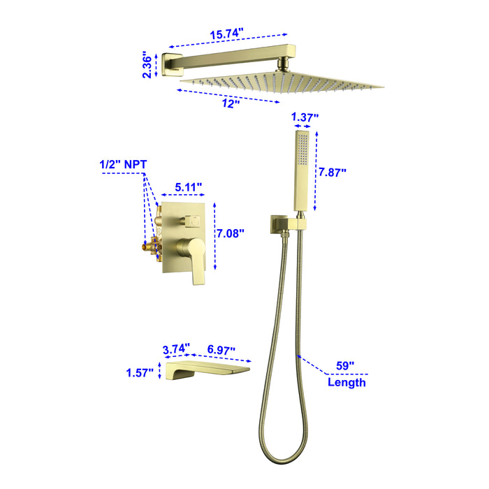 12-in Brushed Gold 1-Spray Built-In Shower System with Faucet
