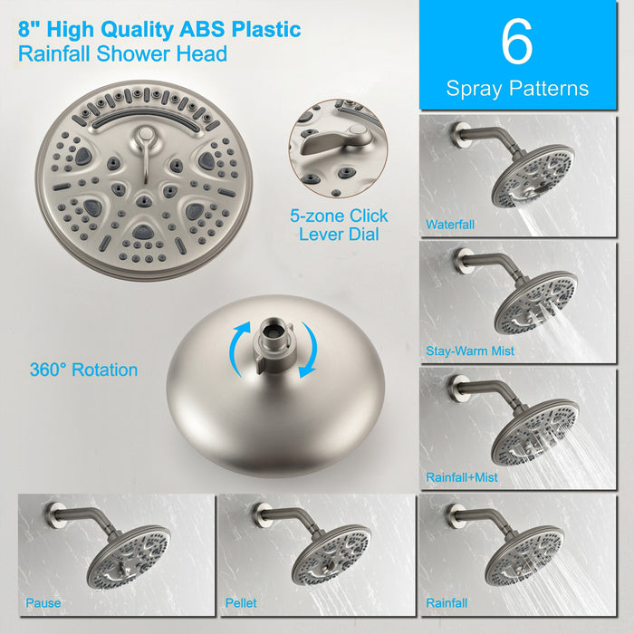 8" Shower System 9-Spray Patterns with 2.5GPM Wall Mounted Round Rain Dual Shower Heads and Handheld Kit